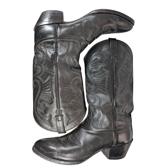 OLD WEST! BLACK GENUINE LEATHER FANCY STITCHED WESTERN COWBOY BOOTS! SZ 10.5 main image 6